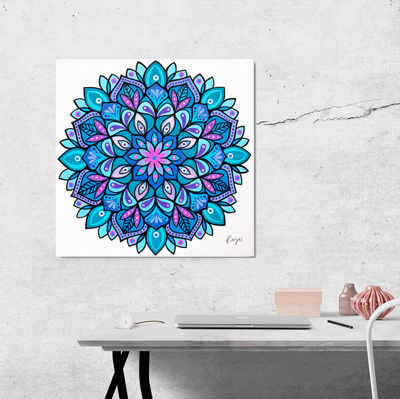 cuadro decorativo de pared mandala flor turquesa y morado 2