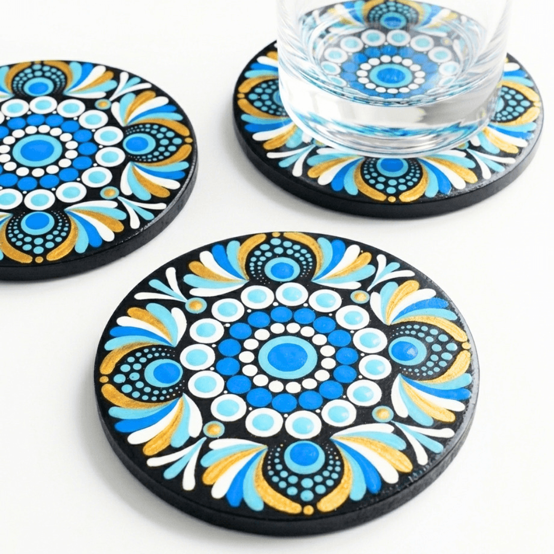 juego-de-posavasos-de-madera-mandala-turquesa-y-dorado-4 Juego de posavasos de madera Mandala Turquesa y Dorado - Imagen 1